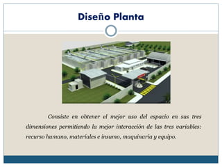 Diseño Planta
Consiste en obtener el mejor uso del espacio en sus tres
dimensiones permitiendo la mejor interacción de las tres variables:
recurso humano, materiales e insumo, maquinaria y equipo.
 