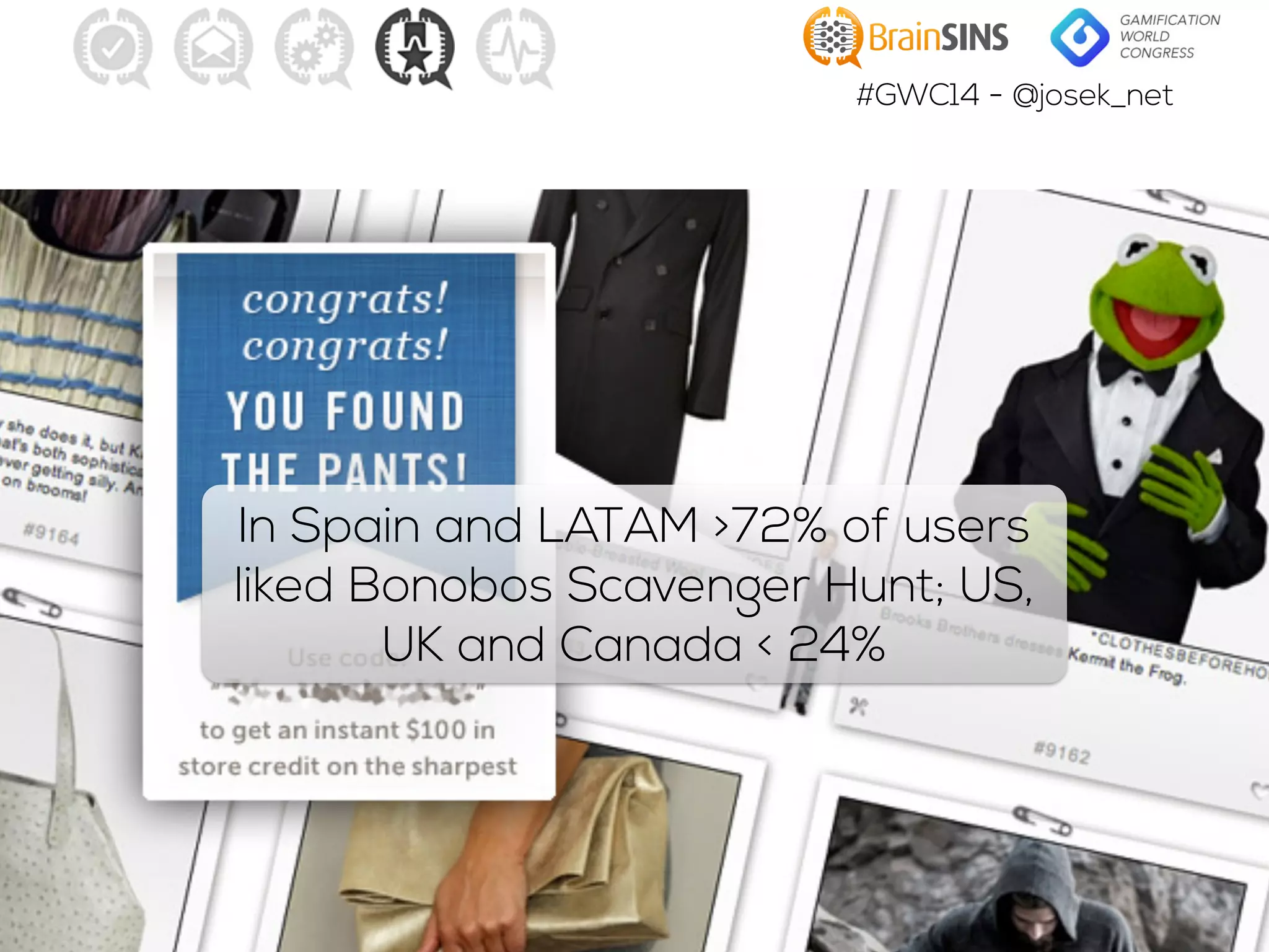 #GWC14 - @josek_net
In Spain and LATAM >72% of users
liked Bonobos Scavenger Hunt; US,
UK and Canada < 24%
 