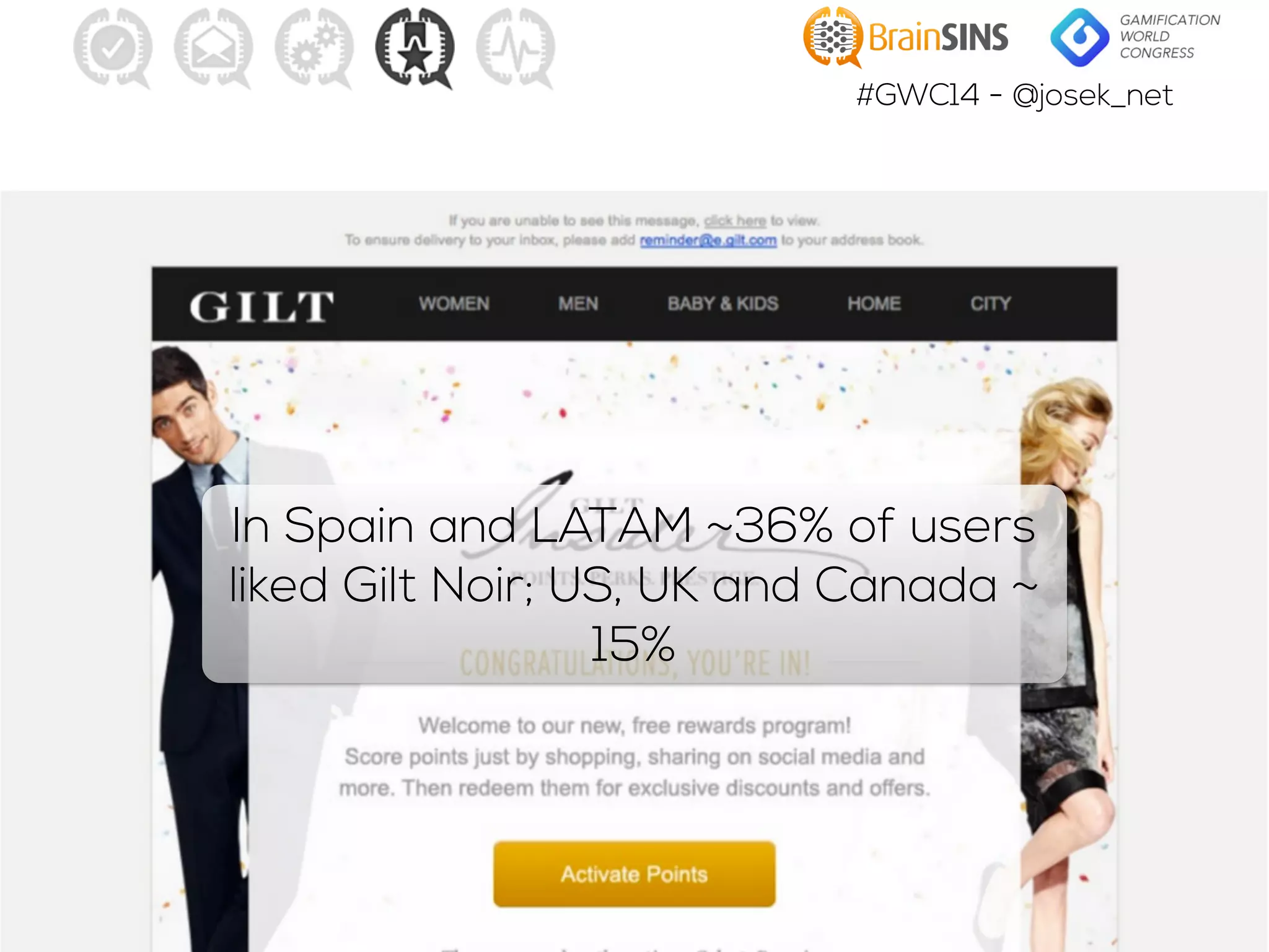 #GWC14 - @josek_net
In Spain and LATAM ~36% of users
liked Gilt Noir; US, UK and Canada ~
15%
 