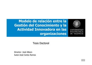Modelo de relación entre la
Gestión del Conocimiento y la
 Actividad Innovadora en las
              organizaciones

                   Tesis Doctoral


Director: José Albors
Autor:José Carlos Ramos

                                    1
 