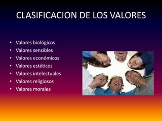 CLASIFICACION DE LOS VALORESValores biológicosValores sensiblesValores económicosValores estéticosValores intelectualesValores religiososValores morales