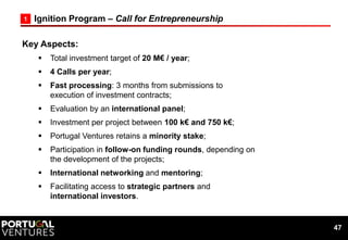 1   Ignition Program – Call for Entrepreneurship

Key Aspects:
       Total investment target of 20 M€ / year;
       4 ...