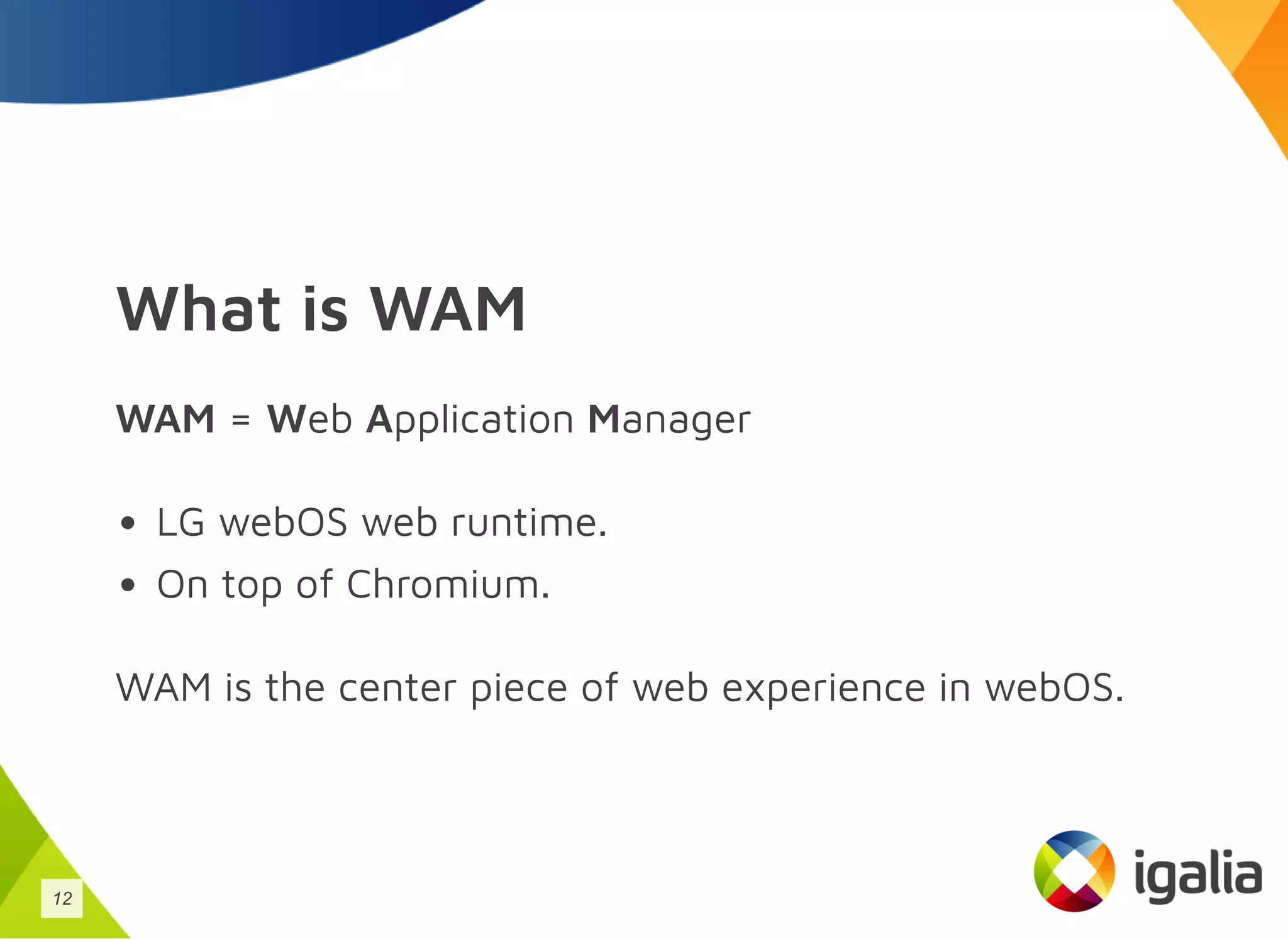 What is WAM
WAM = Web Application Manager
LG webOS web runtime.
On top of Chromium.
WAM is the center piece of web experience in webOS.
12
 