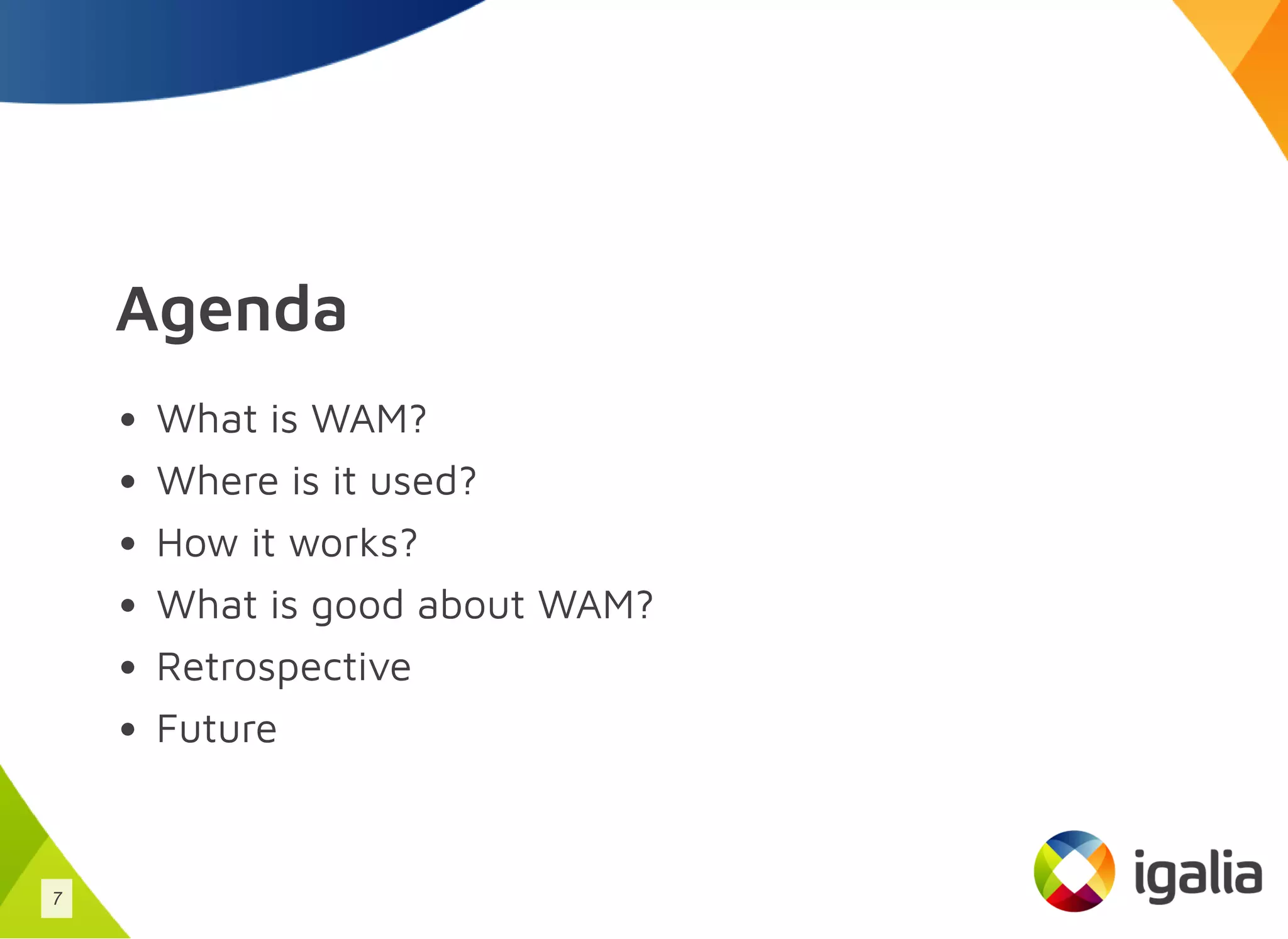 Agenda
What is WAM?
Where is it used?
How it works?
What is good about WAM?
Retrospective
Future
7
 