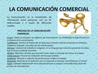LA COMUNICACIÓN COMERCIAL
La Comunicación es la transmisión de
información entre personas, con un fin
determinado y a través de diferentes
medios.

           PROCESO DE LA COMUNICACIÓN
           COMERCIAL
Emisor: Define el mensaje y los objetivos de comunicación. Su credibilidad es determinante en
la eficacia de la comunicación.
Codificación: Proceso de traducción de ideas que el emisor trata de comunicar en símbolos,
imágenes, lenguaje, conocidos por los interlocutores.
Mensaje: Conjunto de símbolos e imágenes. Es un lenguaje que trata de representar las ideas
que el emisor pretende transmitir.
Medios: Diferentes caminos que permiten hacer llegar el mensaje del emisor al receptor.
Interpretación: Proceso de traducción del mensaje recibido.
Audiencia: Personas o conjunto de personas que reciben el mensaje.
Respuesta: Reacción de la audiencia una vez expuesta al mensaje transmitido por el emisor.
Ruido: Cualquier deformación de la información que se produce en las diferentes fases del
proceso de comunicación.
 
