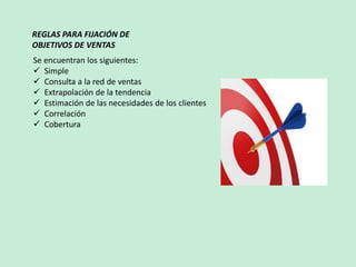 REGLAS PARA FIJACIÓN DE
OBJETIVOS DE VENTAS
Se encuentran los siguientes:
 Simple
 Consulta a la red de ventas
 Extrapolación de la tendencia
 Estimación de las necesidades de los clientes
 Correlación
 Cobertura
 