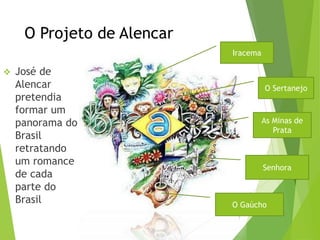 O Projeto de Alencar
 José de
Alencar
pretendia
formar um
panorama do
Brasil
retratando
um romance
de cada
parte do
Brasil.
7
Iracema
O Sertanejo
As Minas de
Prata
Senhora
O Gaúcho
 