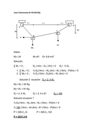 Jose Colmenarez III-152-00120p
Datos:
Mb= 24 Mc=81 G= 9,8 m/s2
Solución:
∑ Mc = 0 ; Dy ( 4m) – Dx ( 3m) = 0 Dy= ¾ Dx
1. ∑ MA = 0 ; ¾ Dx(14m) – Wb (4m) - Wc (10m) – P(5m) = 0
2. ∑ MB = 0 ; ¾ Dx (10m) - Dx(5m) – Wc (6m) = 0
Solución 2 ecuacion Dx = 2, 4 Wc
Mb= Wb = 24 Kg
Mc= Wc = 81 Kg
Dx = 2, 4 Wc Dx = 2, 4 x 81 Dx = 195
Solucion ecuacion 1
¾ Dx(14m) – Wb (4m) - Wc (10m) – P(5m) = 0
¾ 195 (14m) – 24 (4m) - 81 (10m) – P(5m) = 0
P = 228,3 x G P = 228,3 x 9,8
P = 2237.3 N
 
