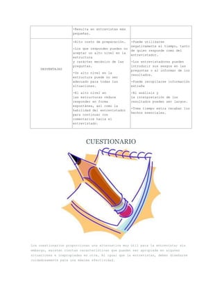 -Resulta en entrevistas más
pequeñas.
-Alto costo de preparación.

DESVENTAJAS

-Los que responden pueden no
aceptar un alto nivel en la
estructura
y carácter mecánico de las
preguntas.
-Un alto nivel en la
estructura puede no ser
adecuado para todas las
situaciones.
-El alto nivel en
las estructuras reduce
responder en forma
espontánea, así como la
habilidad del entrevistador
para continuar con
comentarios hacia el
entrevistado.

-Puede utilizarse
negativamente el tiempo, tanto
de quien responde como del
entrevistador.
-Los entrevistadores pueden
introducir sus sesgos en las
preguntas o al informar de los
resultados.
-Puede recopilarse información
extraña
-El análisis y
la interpretación de los
resultados pueden ser largos.
-Toma tiempo extra recabar los
hechos esenciales.

CUESTIONARIO

Los cuestionarios proporcionan una alternativa muy útil para la entrevista; sin
embargo, existen ciertas características que pueden ser apropiada en algunas
situaciones e inapropiadas en otra. Al igual que la entrevistas, deben diseñarse
cuidadosamente para una máxima efectividad.

 
