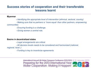Success stories of cooperation and their transferable
                   lessons learnt
Myanmar
         - Identifying the appropriate level of intervention (ethnical, sectoral, country)
         - Making sure that no partners is “more equal· than other partners, empowering
communities
         - Ensuring funding is a challenge.
         - Giving women a central role.



Basins in decentralized states
           - Legal arrangements are critical.
           - All decision levels needs to be considered and harmonized (national,
regional, local..)
           - Funding is key to incentivize agreements
    .
 