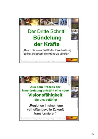 26
Der Dritte Schritt!
Bündelung
der Kräfte
„Durch die neue Politik der Inwertsetzung
gelingt es besser die Kräfte zu bündeln“
Der Dritte Schritt!
Bündelung
der Kräfte
„Durch die neue Politik der Inwertsetzung
gelingt es besser die Kräfte zu bündeln“
Aus dem Prozess der
Inwertsetzung entsteht eine neue
Visionsfähigkeit
die uns befähigt
„Regionen in eine neue
verheißungsvolle Zukunft
transformieren“
Aus dem Prozess der
Inwertsetzung entsteht eine neue
Visionsfähigkeit
die uns befähigt
„Regionen in eine neue
verheißungsvolle Zukunft
transformieren“
 
