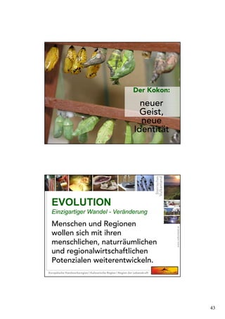 43
Der Kokon:
neuer
Geist,
neue
Identität
EVOLUTION
Einzigartiger Wandel - Veränderung
EVOLUTION
Einzigartiger Wandel - Veränderung
Menschen und Regionen
wollen sich mit ihren
menschlichen, naturräumlichen
und regionalwirtschaftlichen
Potenzialen weiterentwickeln.
 