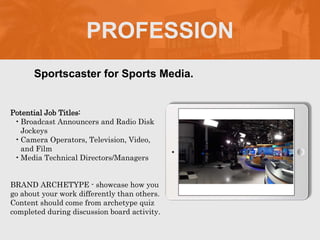 PROFESSION
Potential Job Titles:
•Broadcast Announcers and Radio Disk
Jockeys
•Camera Operators, Television, Video,
and Film
•Media Technical Directors/Managers
BRAND ARCHETYPE - showcase how you
go about your work differently than others.
Content should come from archetype quiz
completed during discussion board activity.
Sportscaster for Sports Media.
Picture Relevant
to Your Industry
Goes Here
 
