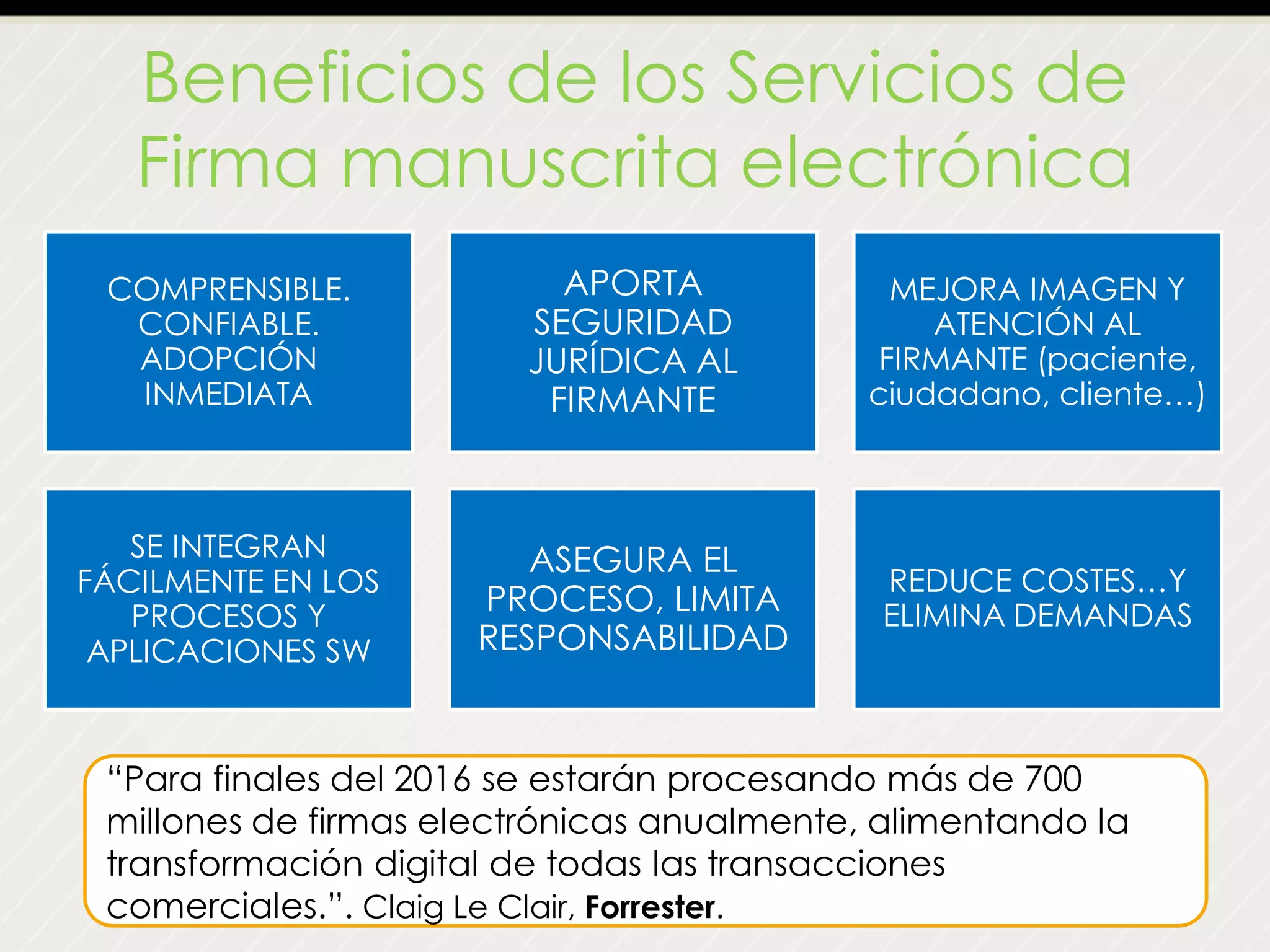 Beneficios de los Servicios de
Firma manuscrita electrónica
“Para finales del 2016 se estarán procesando más de 700
millones de firmas electrónicas anualmente, alimentando la
transformación digital de todas las transacciones
comerciales.”. Claig Le Clair, Forrester.
COMPRENSIBLE.
CONFIABLE.
ADOPCIÓN
INMEDIATA
APORTA
SEGURIDAD
JURÍDICA AL
FIRMANTE
MEJORA IMAGEN Y
ATENCIÓN AL
FIRMANTE (paciente,
ciudadano, cliente…)
SE INTEGRAN
FÁCILMENTE EN LOS
PROCESOS Y
APLICACIONES SW
ASEGURA EL
PROCESO, LIMITA
RESPONSABILIDAD
REDUCE COSTES…Y
ELIMINA DEMANDAS
 