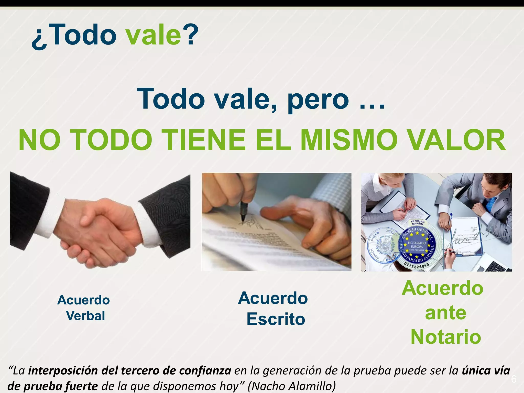 6
¿Todo vale?
Todo vale, pero …
NO TODO TIENE EL MISMO VALOR
6
Acuerdo
Verbal
Acuerdo
Escrito
Acuerdo
ante
Notario
“La interposición del tercero de confianza en la generación de la prueba puede ser la única vía
de prueba fuerte de la que disponemos hoy” (Nacho Alamillo)
 