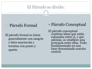 El Párrafo se divide:
 Párrafo Conceptual
El párrafo conceptual
contiene ideas que están
enlazadas entre si, y que
además, se establece una
jerarquía entre ellas. Todo
fundamentado en una
base denominada oración
central.
 Párrafo Formal
El párrafo formal se inicia
generalmente con sangría
y letra mayúscula y
termina con punto y
aparte.
 