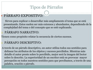 Tipos de Párrafos
 PÁRRAFO EXPOSITIVO:
Sirven para explicar o desarrollar más ampliamente el tema que se está
presentando. Estos suelen ser más extensos y abundantes, dependiendo de la
complejidad del tema o del concepto que se esté explicando.
 PÁRRAFO NARRATIVO:
Tienen como propósito relatar la secuencia de ciertos sucesos.
 PÁRRAFO DESCRIPTIVO:
A través de un párrafo descriptivo, un autor utiliza todos sus sentidos para
delinear los atributos de los objetos y sucesos percibidos. Mientras más
detalle el autor preste sobre lo percibido, mejor será la imagen del lector
sobre lo descrito. La superioridad de un escritor está en provocar mayor
percepción en todos nuestros sentidos para que percibamos, a través de una
palabra, oración o párrafo.
 