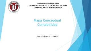 Mapa Conceptual
Contabilidad
UNIVERSIDAD FERMIN TORO
DECANATO DE CIENCIAS ECONÓMICAS Y SOCIALES
LICENCIATURA EN ADMINISTRACION
José Gutiérrez ci:21726901
 