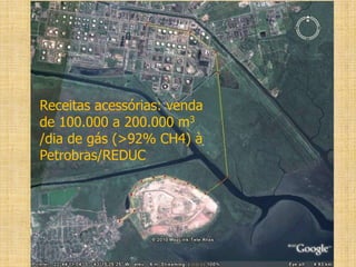 Receitas acessórias: venda
de 100.000 a 200.000 m3
/dia de gás (>92% CH4) à
Petrobras/REDUC
 