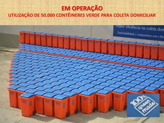 EM OPERAÇÃO
UTILIZAÇÃO DE 50.000 CONTÊINERES VERDE PARA COLETA DOMICILIAR
 