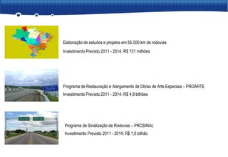Elaboração de estudos e projetos em 55.000 km de rodovias Investimento Previsto 2011 - 2014: R$ 731 milhões Programa de Restauração e Alargamento de Obras de Arte Especiais – PROARTE Investimento Previsto 2011 - 2014: R$ 4,8 bilhões Programa de Sinalização de Rodovias – PROSINAL Investimento Previsto 2011 - 2014: R$ 1,0 bilhão 