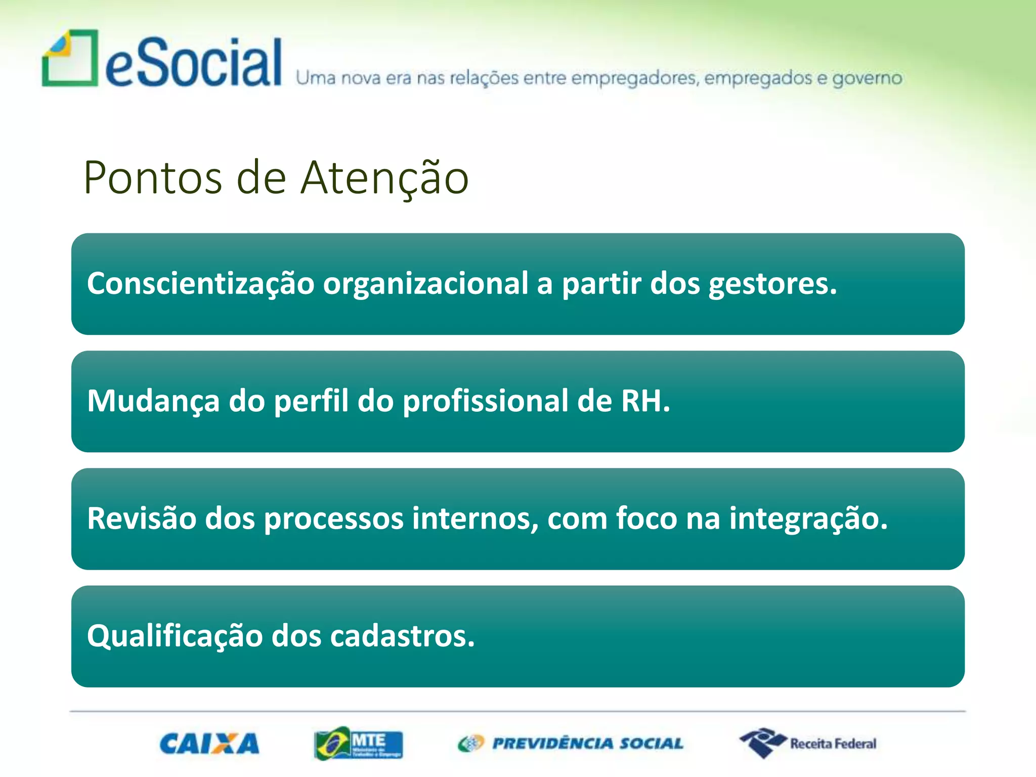 Pontos de Atenção
Conscientização organizacional a partir dos gestores.
Mudança do perfil do profissional de RH.
Revisão dos processos internos, com foco na integração.
Qualificação dos cadastros.
 