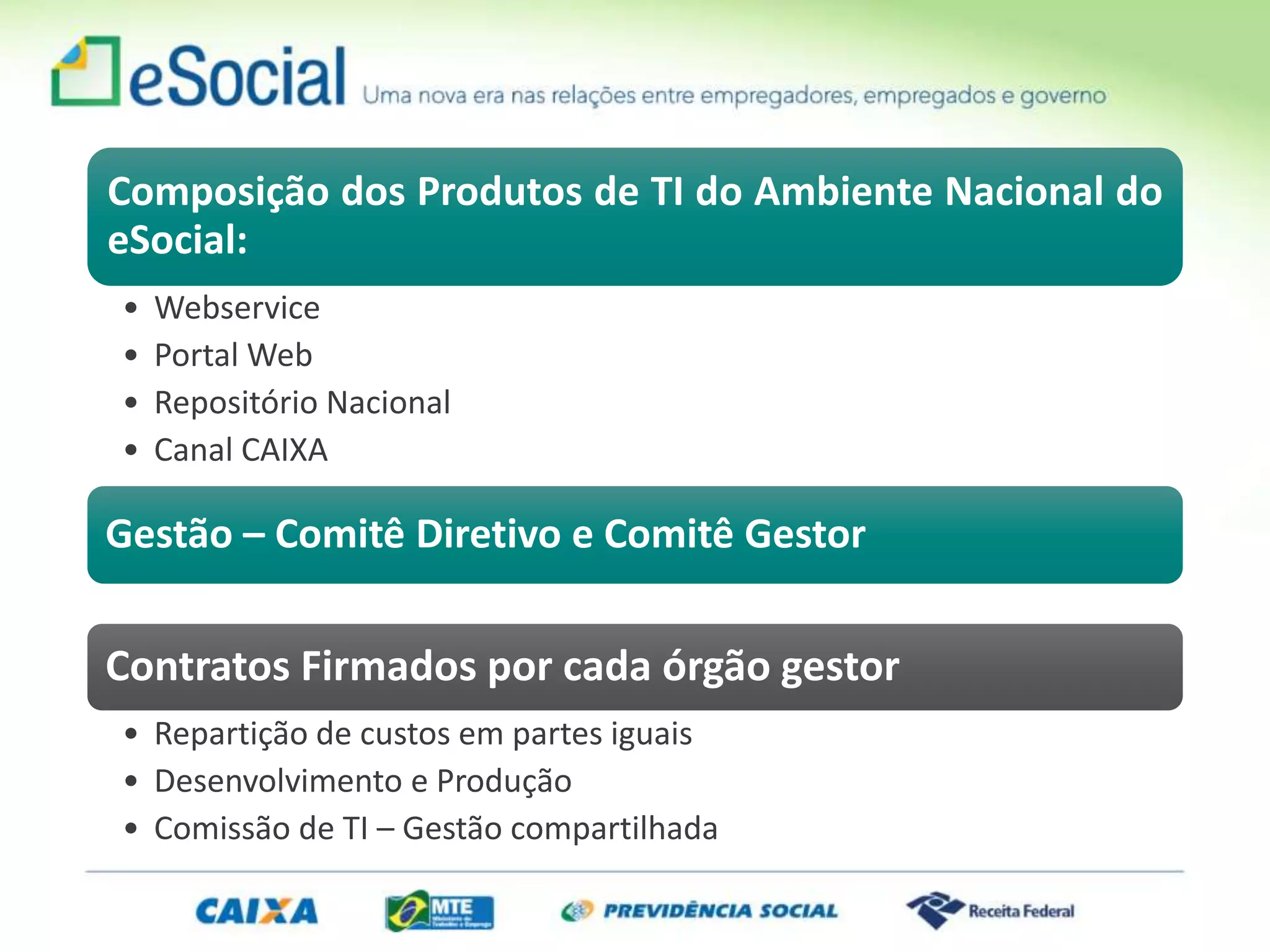 Composição dos Produtos de TI do Ambiente Nacional do
eSocial:
• Webservice
• Portal Web
• Repositório Nacional
• Canal CAIXA
Gestão – Comitê Diretivo e Comitê Gestor
Contratos Firmados por cada órgão gestor
• Repartição de custos em partes iguais
• Desenvolvimento e Produção
• Comissão de TI – Gestão compartilhada
 