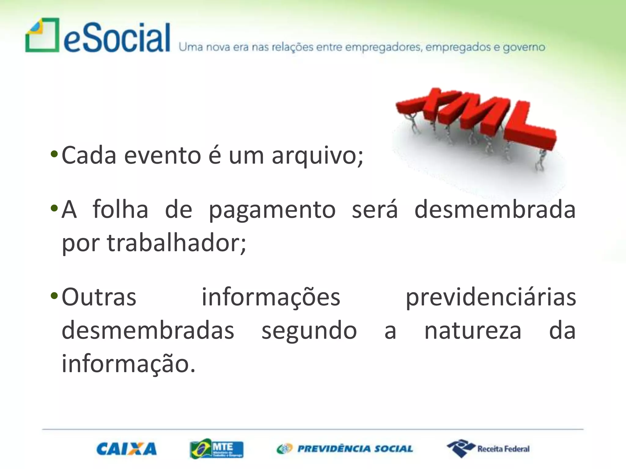 •Cada evento é um arquivo;
•A folha de pagamento será desmembrada
por trabalhador;
•Outras informações previdenciárias
desmembradas segundo a natureza da
informação.
 
