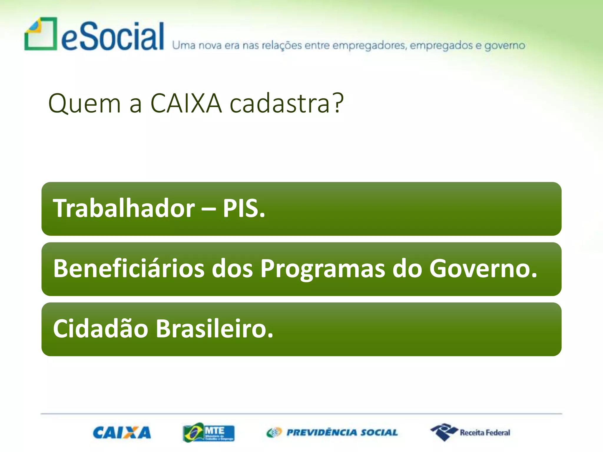 Quem a CAIXA cadastra?
Trabalhador – PIS.
Beneficiários dos Programas do Governo.
Cidadão Brasileiro.
 