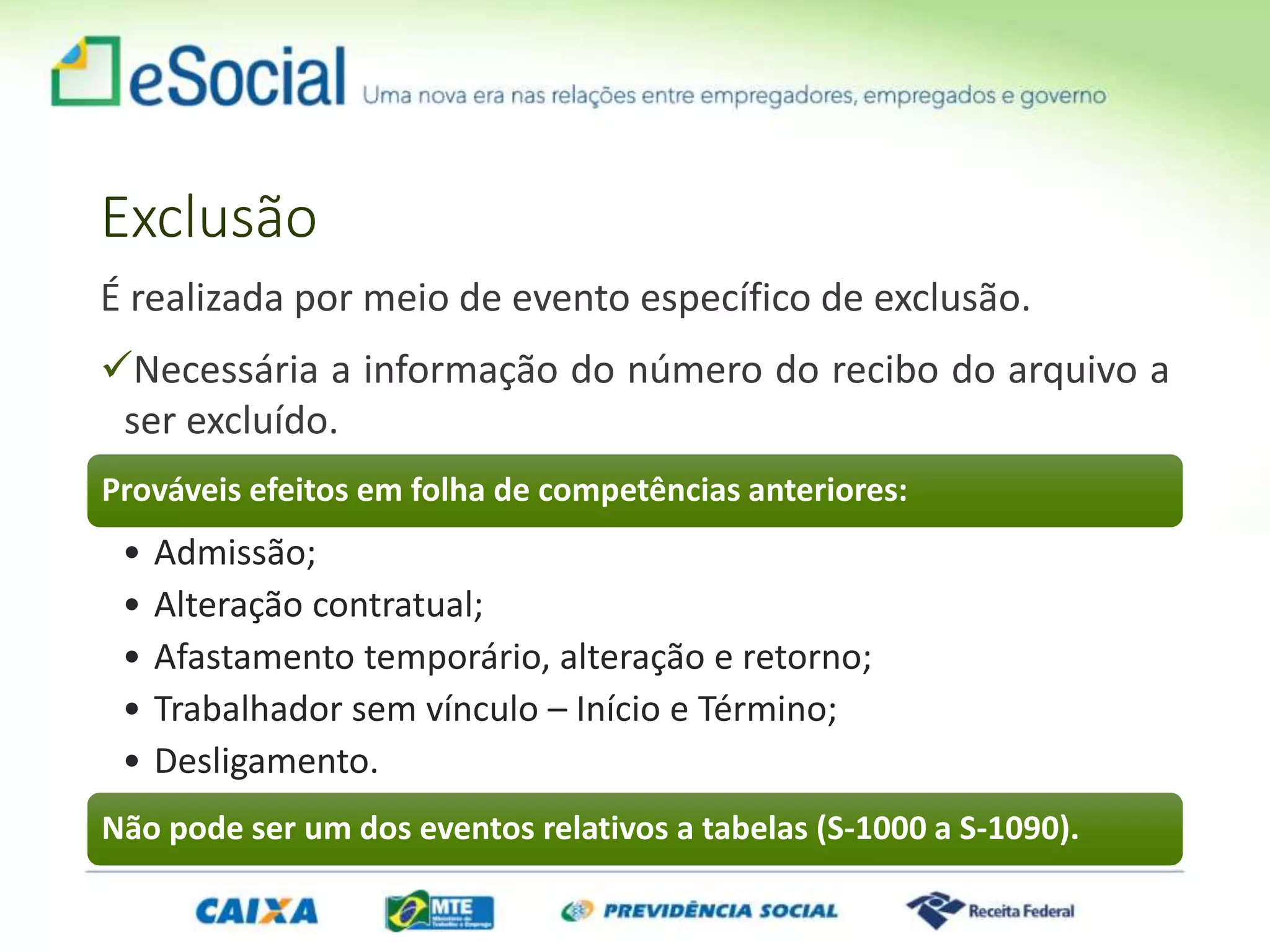 Exclusão
É realizada por meio de evento específico de exclusão.
Necessária a informação do número do recibo do arquivo a
ser excluído.
Prováveis efeitos em folha de competências anteriores:
• Admissão;
• Alteração contratual;
• Afastamento temporário, alteração e retorno;
• Trabalhador sem vínculo – Início e Término;
• Desligamento.
Não pode ser um dos eventos relativos a tabelas (S-1000 a S-1090).
 