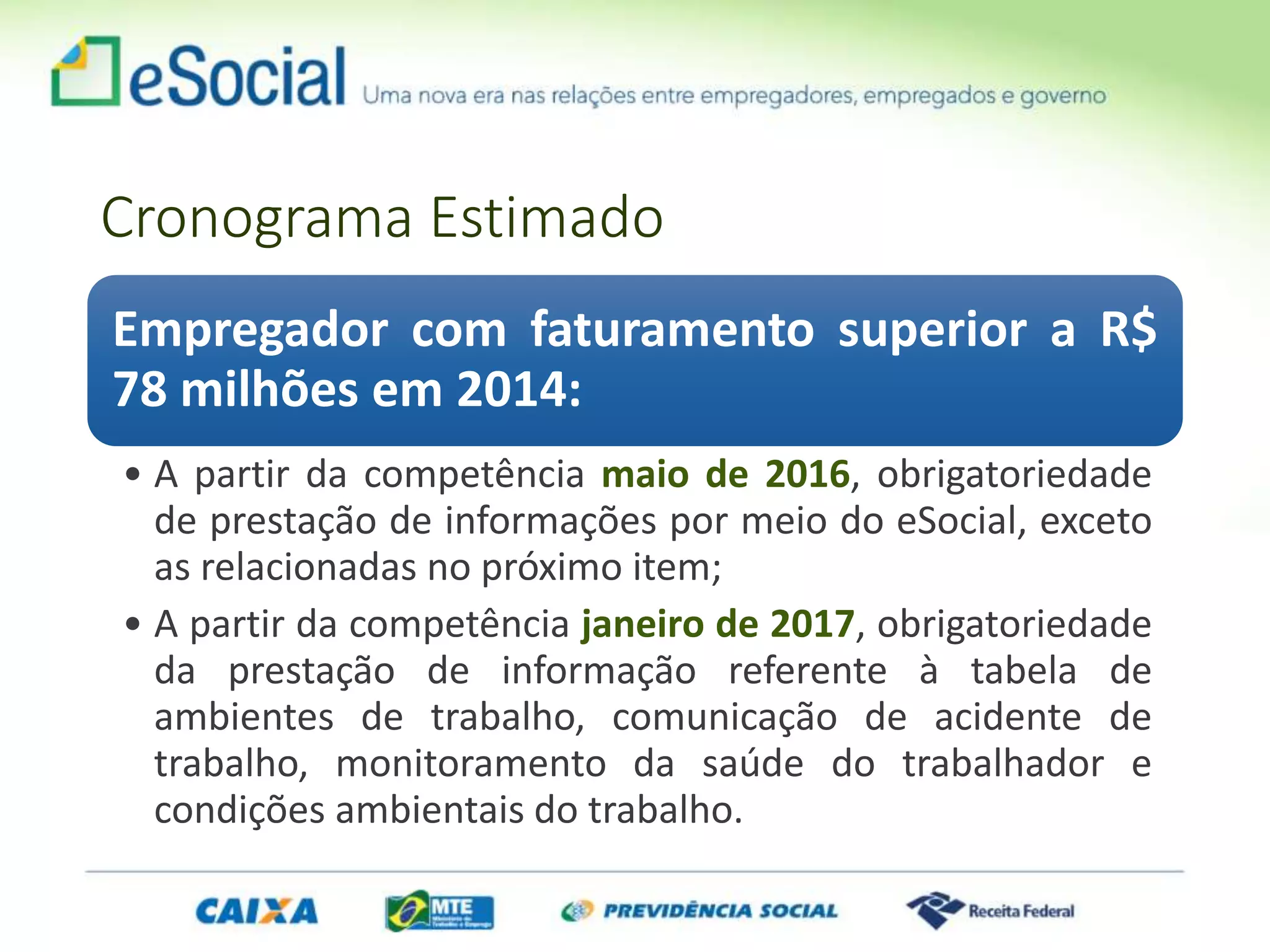 Cronograma Estimado
Empregador com faturamento superior a R$
78 milhões em 2014:
• A partir da competência maio de 2016, obrigatoriedade
de prestação de informações por meio do eSocial, exceto
as relacionadas no próximo item;
• A partir da competência janeiro de 2017, obrigatoriedade
da prestação de informação referente à tabela de
ambientes de trabalho, comunicação de acidente de
trabalho, monitoramento da saúde do trabalhador e
condições ambientais do trabalho.
 