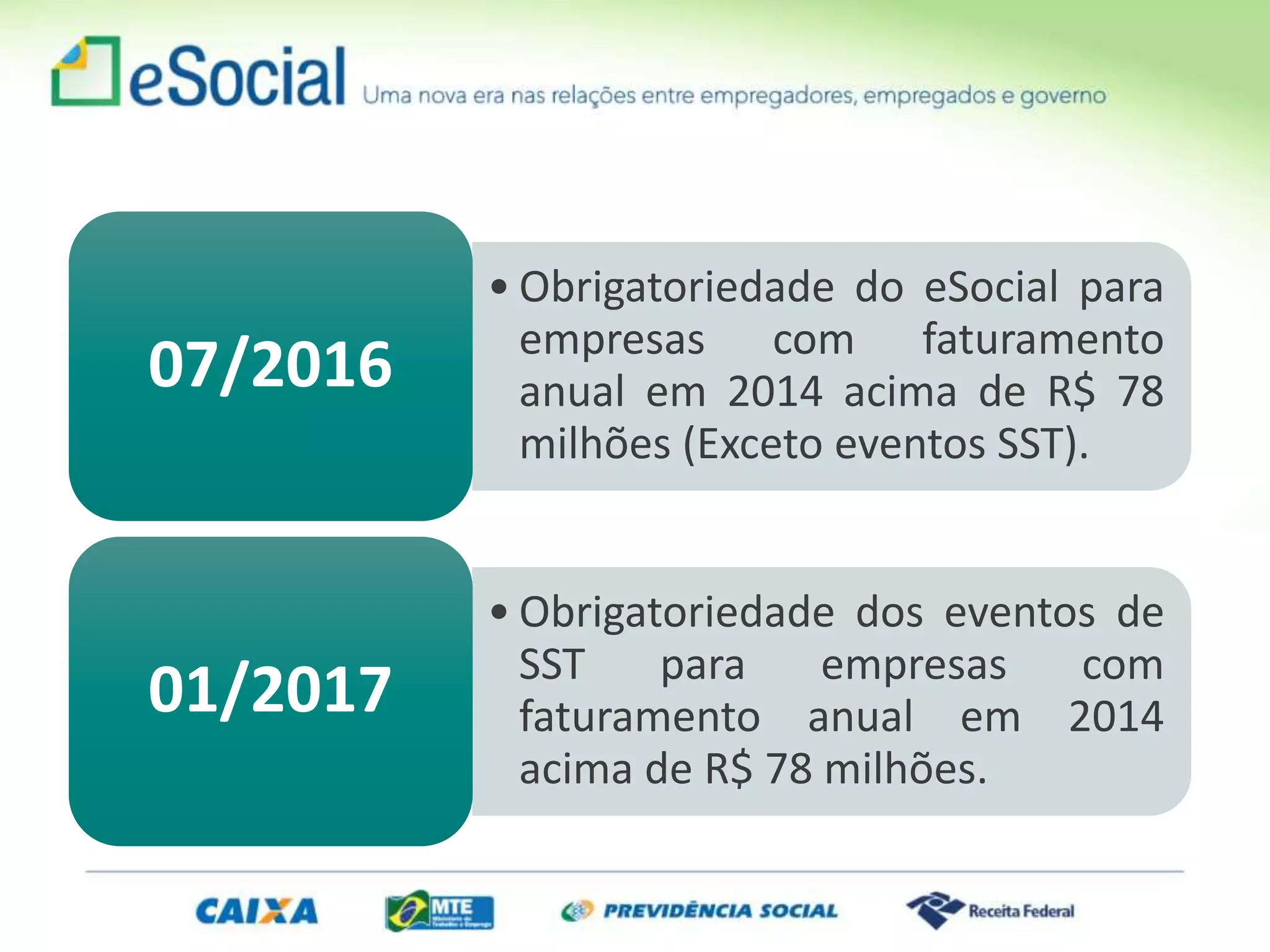• Obrigatoriedade do eSocial para
empresas com faturamento
anual em 2014 acima de R$ 78
milhões (Exceto eventos SST).
07/2016
• Obrigatoriedade dos eventos de
SST para empresas com
faturamento anual em 2014
acima de R$ 78 milhões.
01/2017
 