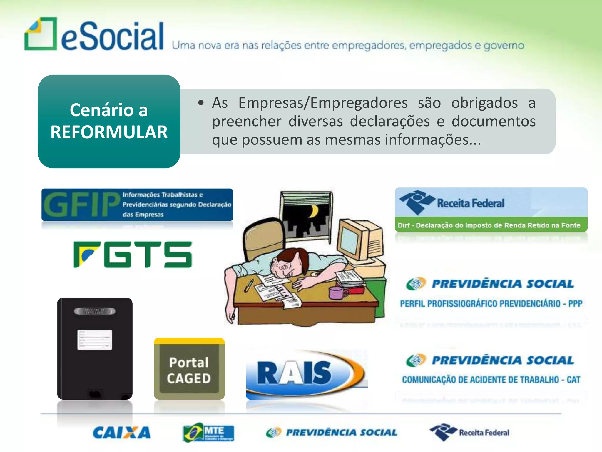 • As Empresas/Empregadores são obrigados a
preencher diversas declarações e documentos
que possuem as mesmas informações...
Cenário a
REFORMULAR
 