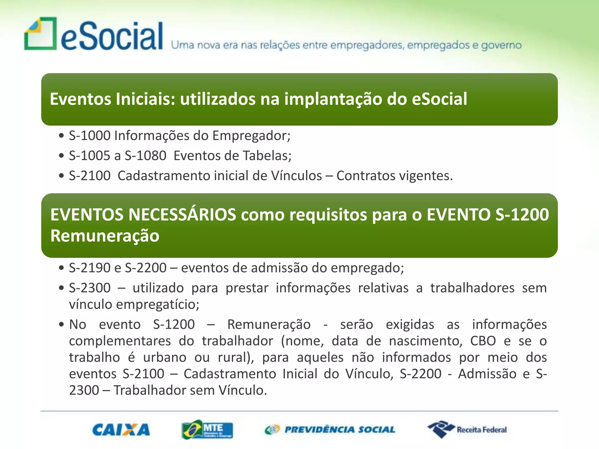 Eventos Iniciais: utilizados na implantação do eSocial
• S-1000 Informações do Empregador;
• S-1005 a S-1080 Eventos de Tabelas;
• S-2100 Cadastramento inicial de Vínculos – Contratos vigentes.
EVENTOS NECESSÁRIOS como requisitos para o EVENTO S-1200
Remuneração
• S-2190 e S-2200 – eventos de admissão do empregado;
• S-2300 – utilizado para prestar informações relativas a trabalhadores sem
vínculo empregatício;
• No evento S-1200 – Remuneração - serão exigidas as informações
complementares do trabalhador (nome, data de nascimento, CBO e se o
trabalho é urbano ou rural), para aqueles não informados por meio dos
eventos S-2100 – Cadastramento Inicial do Vínculo, S-2200 - Admissão e S-
2300 – Trabalhador sem Vínculo.
 