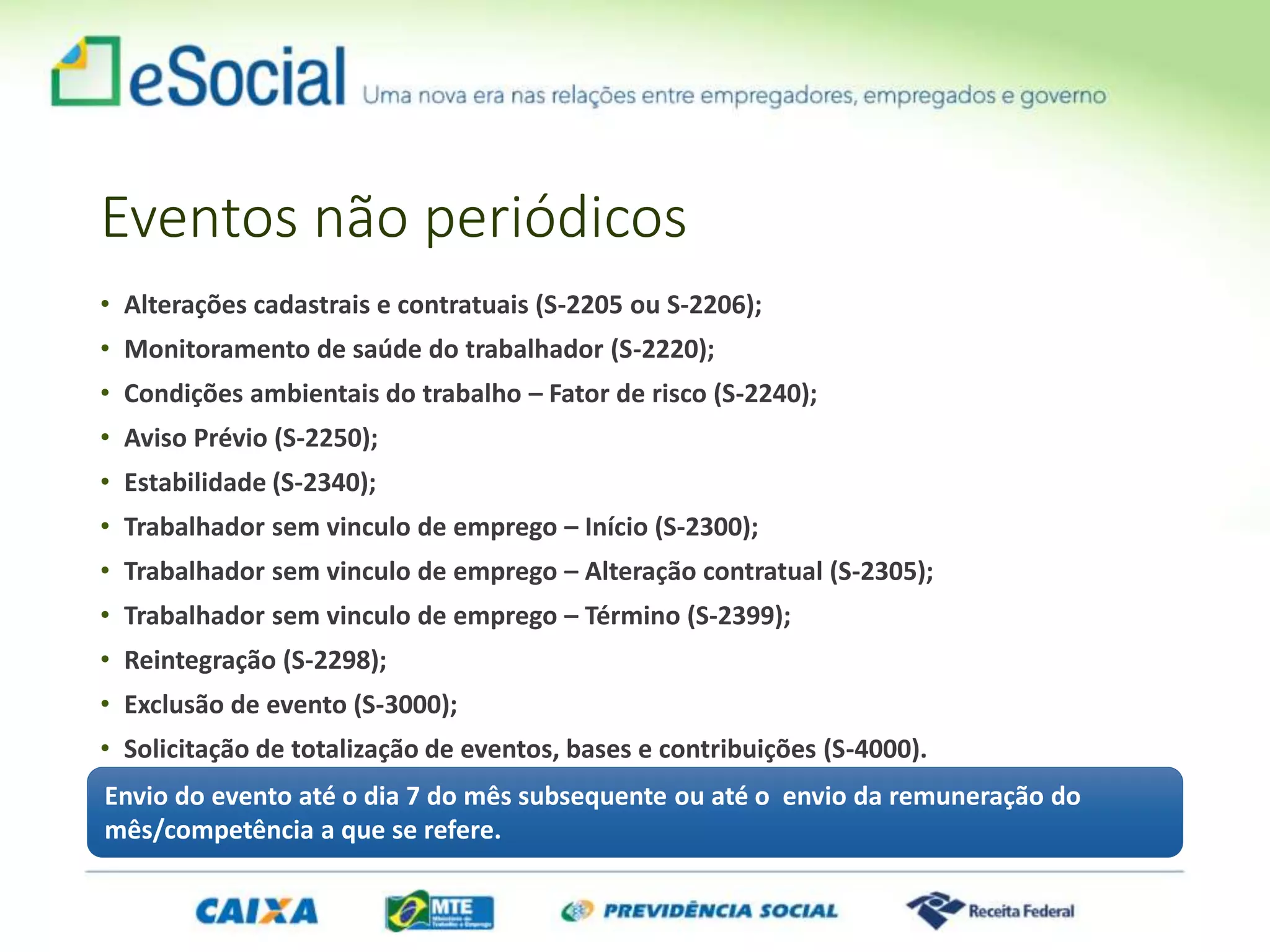 Eventos não periódicos
• Alterações cadastrais e contratuais (S-2205 ou S-2206);
• Monitoramento de saúde do trabalhador (S-2220);
• Condições ambientais do trabalho – Fator de risco (S-2240);
• Aviso Prévio (S-2250);
• Estabilidade (S-2340);
• Trabalhador sem vinculo de emprego – Início (S-2300);
• Trabalhador sem vinculo de emprego – Alteração contratual (S-2305);
• Trabalhador sem vinculo de emprego – Término (S-2399);
• Reintegração (S-2298);
• Exclusão de evento (S-3000);
• Solicitação de totalização de eventos, bases e contribuições (S-4000).
Envio do evento até o dia 7 do mês subsequente ou até o envio da remuneração do
mês/competência a que se refere.
 