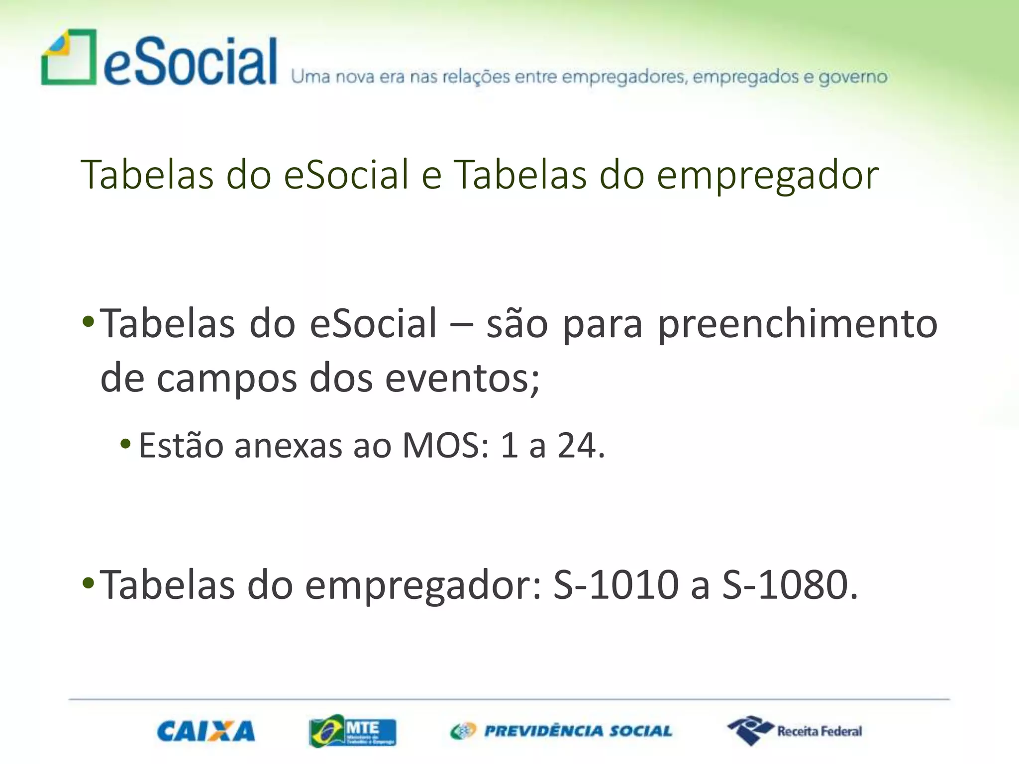 Tabelas do eSocial e Tabelas do empregador
•Tabelas do eSocial – são para preenchimento
de campos dos eventos;
•Estão anexas ao MOS: 1 a 24.
•Tabelas do empregador: S-1010 a S-1080.
 