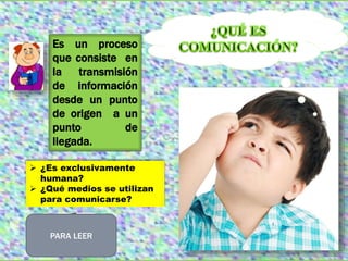 Es un proceso
que consiste en
la transmisión
de información
desde un punto
de origen a un
punto de
llegada.
 ¿Es exclusivamente
humana?
 ¿Qué medios se utilizan
para comunicarse?
PARA LEER
 