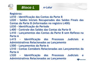 Registros:
L010 – Identificação das Contas da Parte B
L020 – Saldos Iniciais Recuperados dos Saldos Finais das
Contas da Parte B (Informados no registro L400)
L030 – Identificação do Período
L400 – Controle dos Saldos das Contas da Parte B
L410 – Lançamentos das Contas da Parte B sem Reflexo na
Parte A
L415 – Identificação dos Processos Judiciais e
Administrativos Relacionados ao Lançamento
L500 – Lançamentos da Parte A
L510 – Contas Contábeis Relacionadas aos Lançamentos da
Parte A
L520 – Identificação dos Processos Judiciais e
Administrativos Relacionados ao Lançamento
Bloco 0Bloco L e-Lalur
 