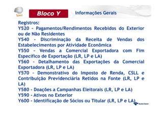 Registros:
Y520 – Pagamentos/Rendimentos Recebidos do Exterior
ou de Não Residentes
Y540 – Discriminação da Receita de Vendas dos
Estabelecimentos por Atividade Econômica
Y550 – Vendas a Comercial Exportadora com Fim
Específico de Exportação (LR, LP e LA)
Y560 – Detalhamento das Exportações da Comercial
Exportadora (LR, LP e LA)
Y570 – Demonstrativo do Imposto de Renda, CSLL e
Contribuição Previdenciária Retidos na Fonte (LR, LP e
LA)
Y580 - Doações a Campanhas Eleitorais (LR, LP e LA)
Y590 - Ativos no Exterior
Y600 - Identificação de Sócios ou Titular (LR, LP e LA)
Bloco 0 Informações GeraisBloco Y
 