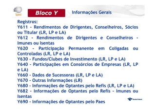 Registros:
Y611 - Rendimentos de Dirigentes, Conselheiros, Sócios
ou Titular (LR, LP e LA)
Y612 - Rendimentos de Dirigentes e Conselheiros -
Imunes ou Isentas
Y620 - Participação Permanente em Coligadas ou
Controladas (LR, LP e LA)
Y630 - Fundos/Clubes de Investimento (LR, LP e LA)
Y640 – Participações em Consórcios de Empresas (LR, LP
e LA)
Y660 - Dados de Sucessoras (LR, LP e LA)
Y670 - Outras Informações (LR)
Y680 – Informações de Optantes pelo Refis (LR, LP e LA)
Y682 - Informações de Optantes pelo Refis - Imunes ou
Isentas
Y690 - Informações de Optantes pelo Paes
Bloco 0 Informações GeraisBloco Y
 