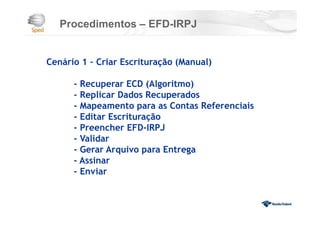 Procedimentos – EFD-IRPJ
Cenário 1 – Criar Escrituração (Manual)
- Recuperar ECD (Algoritmo)
- Replicar Dados Recuperados
- Mapeamento para as Contas Referenciais
- Editar Escrituração
- Preencher EFD-IRPJ
- Validar
- Gerar Arquivo para Entrega
- Assinar
- Enviar
 