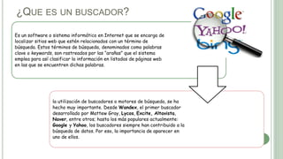 ¿QUE ES UN BUSCADOR?
Es un software o sistema informático en Internet que se encarga de
localizar sitios web que estén relacionados con un término de
búsqueda. Estos términos de búsqueda, denominados como palabras
clave o keywords, son rastreados por las “arañas” que el sistema
emplea para así clasificar la información en listados de páginas web
en las que se encuentren dichas palabras.
la utilización de buscadores o motores de búsqueda, se ha
hecho muy importante. Desde Wandex, el primer buscador
desarrollado por Mattew Gray, Lycos, Excite, Altavista,
Naver, entre otros; hasta los más populares actualmente:
Google y Yahoo, los buscadores siempre han contribuido a la
búsqueda de datos. Por eso, la importancia de aparecer en
uno de ellos.
 