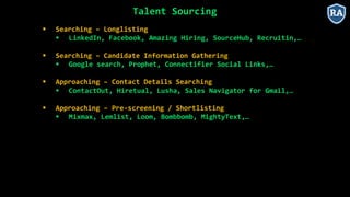 Talent Sourcing
 Searching – Longlisting
 LinkedIn, Facebook, Amazing Hiring, SourceHub, Recruitin,…
 Searching – Candidate Information Gathering
 Google search, Prophet, Connectifier Social Links,…
 Approaching – Contact Details Searching
 ContactOut, Hiretual, Lusha, Sales Navigator for Gmail,…
 Approaching – Pre-screening / Shortlisting
 Mixmax, Lemlist, Loom, Bombbomb, MightyText,…
 
