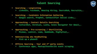 Talent Sourcing
 Searching – Longlisting
 LinkedIn, Facebook, Amazing Hiring, SourceHub, Recruitin,…
 Searching – Candidate Information Gathering
 Google search, Prophet, Connectifier Social Links,…
 Approaching – Contact Details Searching
 ContactOut, Hiretual, Lusha, Sales Navigator for Gmail,…
 Approaching – Pre-screening / Shortlisting
 Mixmax, Lemlist, Loom, Bombbomb, MightyText,…
 Namesourcing aka Headhunting
 Pick up a phone
 Offline Sourcing – Your and 3rd party events
 Conference apps, Meetup/Eventbrite event scraping
 