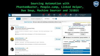 Sourcing Automation with
PhantomBuster, People.camp, Linked Helper,
Dux Soup, Machine Sourcer and JitBit
 