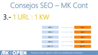 Ponencia: Cómo mejorar tu SEO con marketing de contenidos
Consejos SEO – MK Cont
3.- 1 URL : 1 KW
URL 1
URL 2
URL 3
URL 4
...