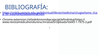 BIBLIOGRAFÍA:
www.reallygreatsite.com
d
• https://sisbib.unmsm.edu.pe/bibvirtual/libros/medicina/cirugia/tomo_i/ca
p_09_trauma%20abdominal.htm
• Chrome-extension://efaidnbmnnnibpcajpcglclefindmkaj/https://
www.revistamedicahondurena.hn/assets/Uploads/Vol43-1-1975-2.pdf
 