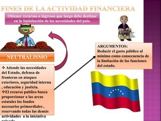 Obtener recursos o ingresos que luego debe destinar
en la Satisfacción de las necesidades del país.
NEUTRALISMO
 Atiende las necesidades
del Estado, defensa de
fronteras en ataques
exteriores, seguridad interna
, educación y justicia.
El recurso publico busca
proporcionar a las arcas
estatales los fondos
necesarios primordiales ,
reservando todas las demás
actividades a la iniciativa
ARGUMENTOS:
Reducir el gasto público al
mínimo como consecuencia de
la limitación de las funciones
del estado.
 