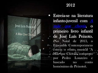 2012
 Estreia-se na literatura
infanto-juvenil com A
mãe que chovia, o
primeiro livro infantil
de José Luís Peixoto.
(No Natal de 2013, o
Ensemble Contemporaneus
estreia o conto musical "A
Mãe que Chovia", composto
por Pedro Louzeiro e
baseado
no
conto
homónimo de Peixoto).

 