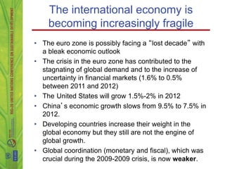 The international economy is
    becoming increasingly fragile
• The euro zone is possibly facing a “lost decade” with
  a bleak economic outlook
• The crisis in the euro zone has contributed to the
  stagnating of global demand and to the increase of
  uncertainty in financial markets (1.6% to 0.5%
  between 2011 and 2012)
• The United States will grow 1.5%-2% in 2012
• China’s economic growth slows from 9.5% to 7.5% in
  2012.
• Developing countries increase their weight in the
  global economy but they still are not the engine of
  global growth.
• Global coordination (monetary and fiscal), which was
  crucial during the 2009-2009 crisis, is now weaker.
 
